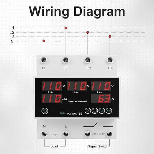 One-Click Setup Automatic Transfer Switch with Priority Phase L1＞L2＞L3 4P 63A 110V 40/50/60/70Hz ATS Electrical Selector Switch Generator Changeover Switch V/A Protector Din Rail Mount