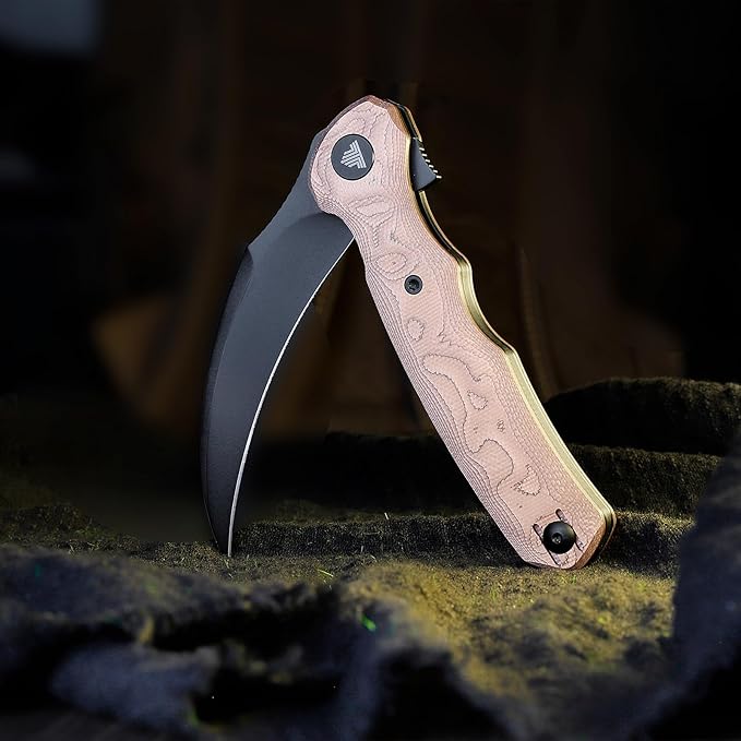 TRIVISA EDC Pocket Pikal Knife for Men Hawkbill Folding Flipper Knife with Clip3.34 14C28N Steel BladeCopper Foil HandleOutdoor Camping Lacerta-CU