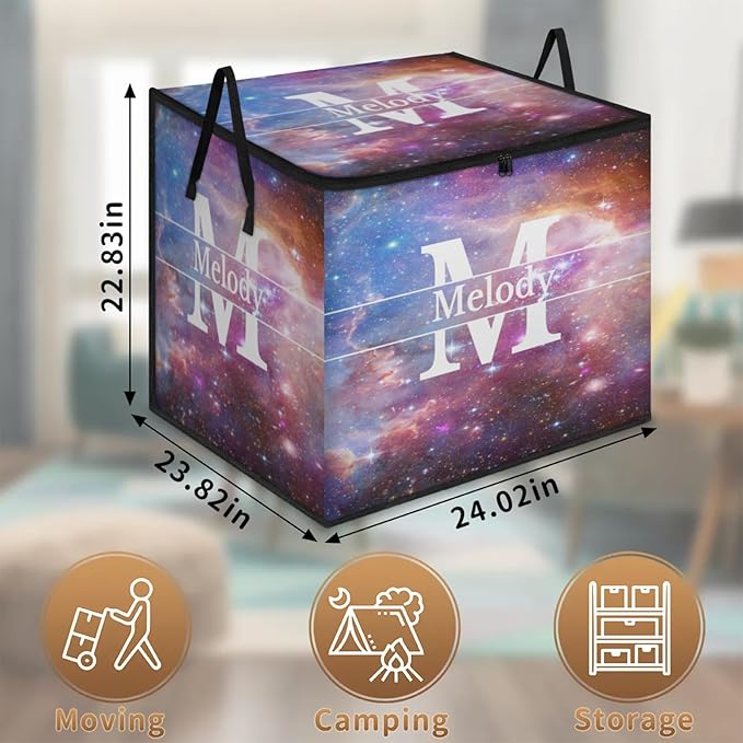 Custom Name Large Clothes Storage Organization with Lids Kids Toys Bin Shelf Basket Bedding Clothes Storage Bin for Nursery Gift Basket Space Universe Galaxy Background with Initial Letter
