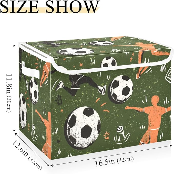 Green Soccer Player Ball Outline Storage Box with Lid 1 PC Foldable Storage Bin with Lids Stackable Storage Bins Cube Closet Organizer Basket with Flip-Top Lid &amp Handles for Shoes Books Towels