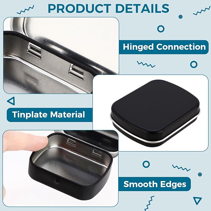 100 Pcs Metal Hinged Tin Box Rectangular Small Tin Container with Lid Mini Portable Tinplate Storage Box for Drawing Pin Candies Jewelry Crafts Button Pill 2.4 x 1.8 x 0.6 Inch (Black)
