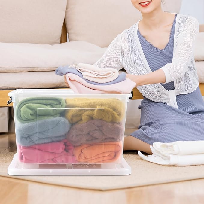30 L Clear Plastic Storage Bin with Wheels Lidded Latching Box 4 Pack
