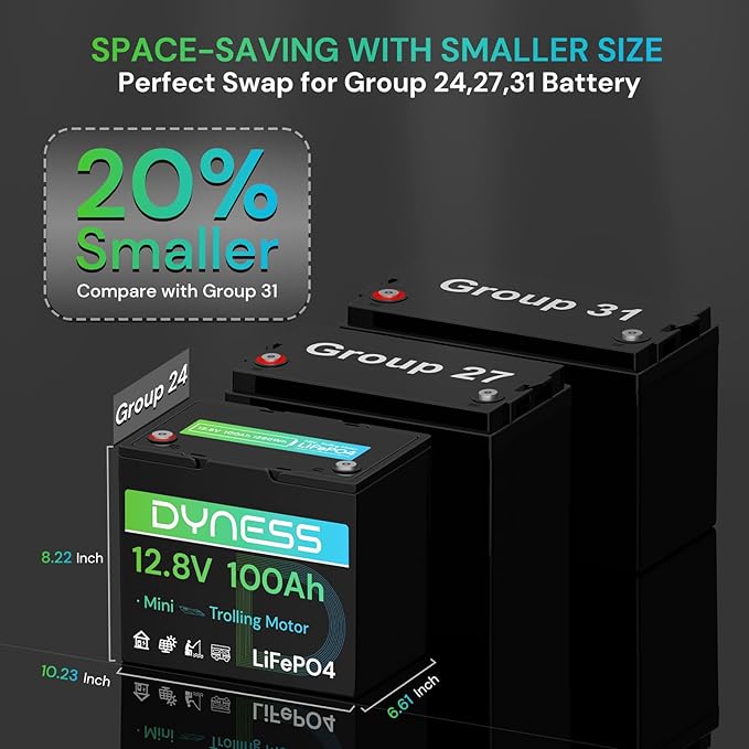 12V 100Ah Mini LiFePO4 Battery Group 24 12.8V Lithium Battery with 100A BMS Low-Temp Protection &amp 10 Years Lifespan for Trolling Motor Marine Boat RVs Solar Off-Grid Golf Cart