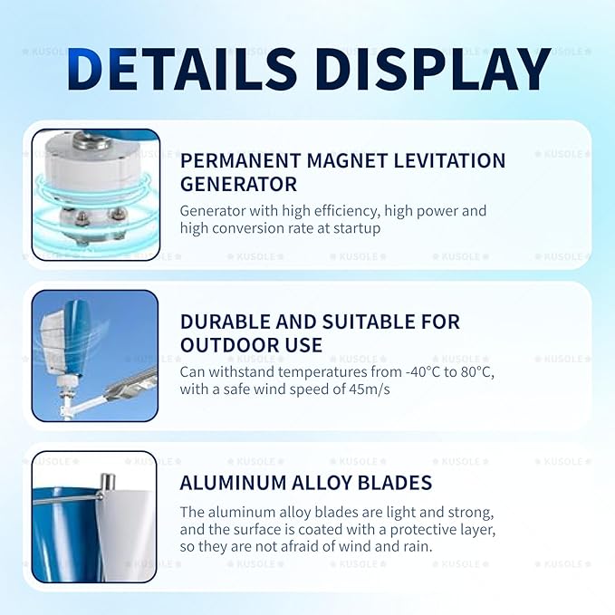 5000W Wind Turbine Generator Kit 12V Helical Magnetic Levitation Axis Vertical Wind Turbine Generator with Controller and 2 Blades blueandwhite-12V