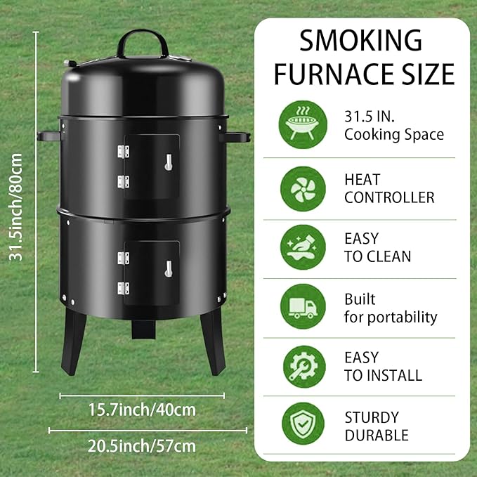 16.5-Inch Vertical Charcoal Smoker Heavy Duty Round Multi-Layer BBQ Grill with Thermometer for Smoking Meats (Black)