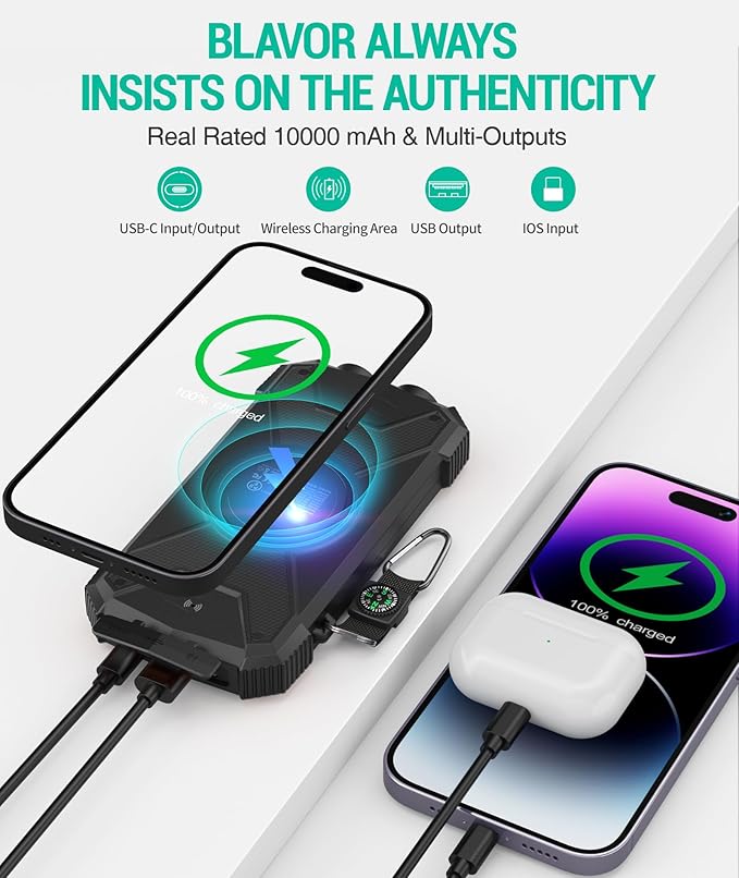 BLAVOR Solar Power Bank 10000mAh Portable Wireless Charger 20W Fast Charging External Battery Pack with USB C for Cell Phones Solar Panel Charging with Dual Flashlight for Camping