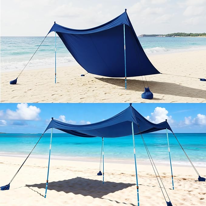 CROWN SHADES 10x10 Beach Tent Sun Shelter Easy Pop Up Beach Canopy Shade Portable Outdoor Carpas UPF50+ Includes 4 Poles Adjustable Aluminium Extra-Large Big Sand Shovel Dark Blue