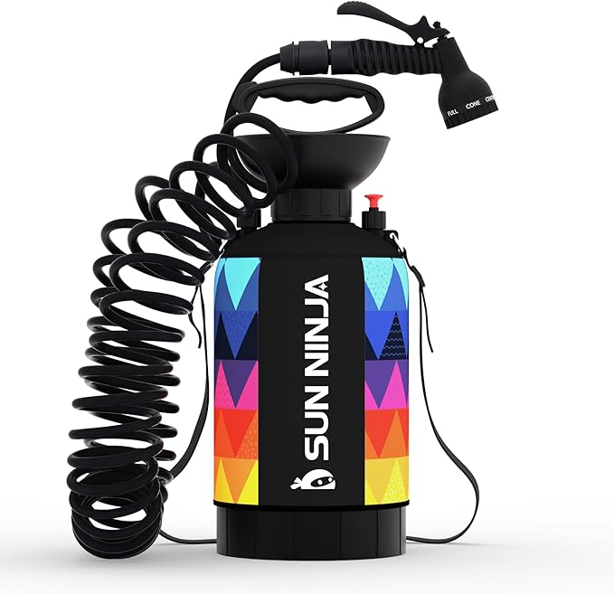 SUN NINJA Portable Shower and Bucket Hat Bundle with Multi-Spray Shower Head Neoprene Cover UPF 50+ Reversible Sun Hat Shoulder Strap - Outdoor Camping Beach Hiking &amp Sun Protection