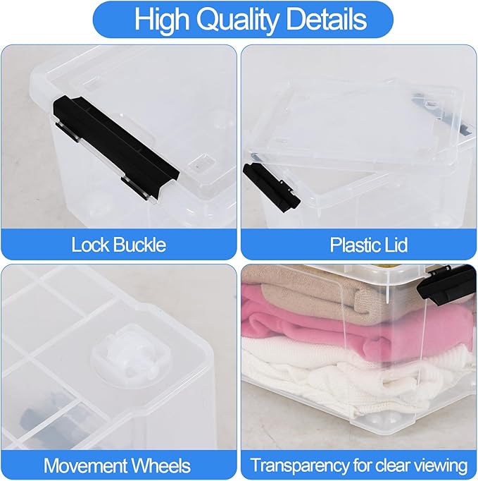 4-Pack 25 L Plastic Storage Bin with Lid and Wheels Clear Plastic Container Box
