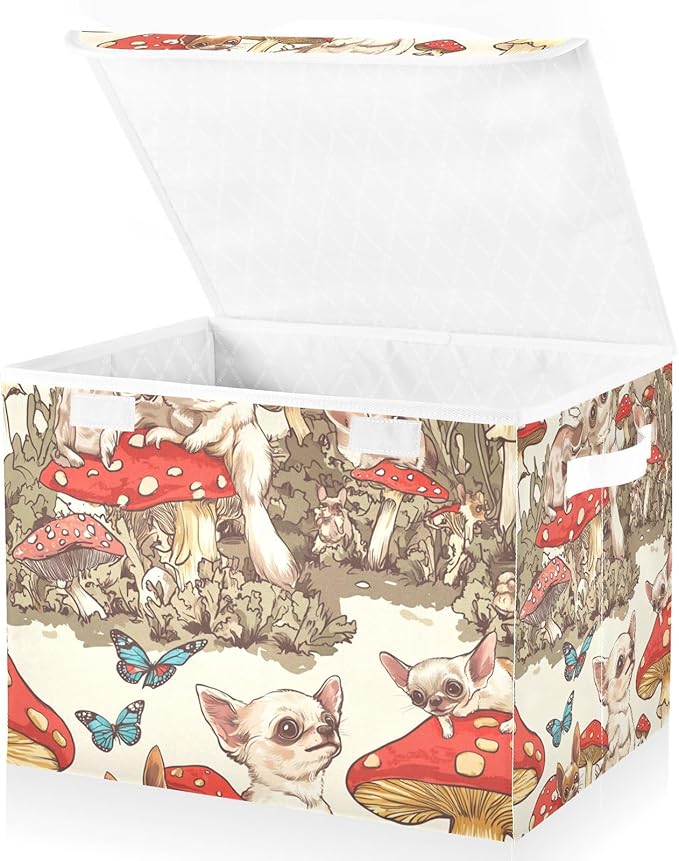 Collapsible Storage Bins with Lids Decorative Fabric Storage Cubes Closet Organizer and Storage Basket Boxes Containers for Clothes Box Chest Nursery Folding Rectangle Mushroom Chihuahuas