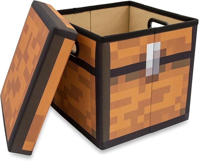 Minecraft Brown Chest 13-Inch Storage Bin Chest With Lid | Foldable Fabric Basket Container Cube Organizer With Handles Cubby For Shelves Closet | Home Decor Essentials Video Game Gifts