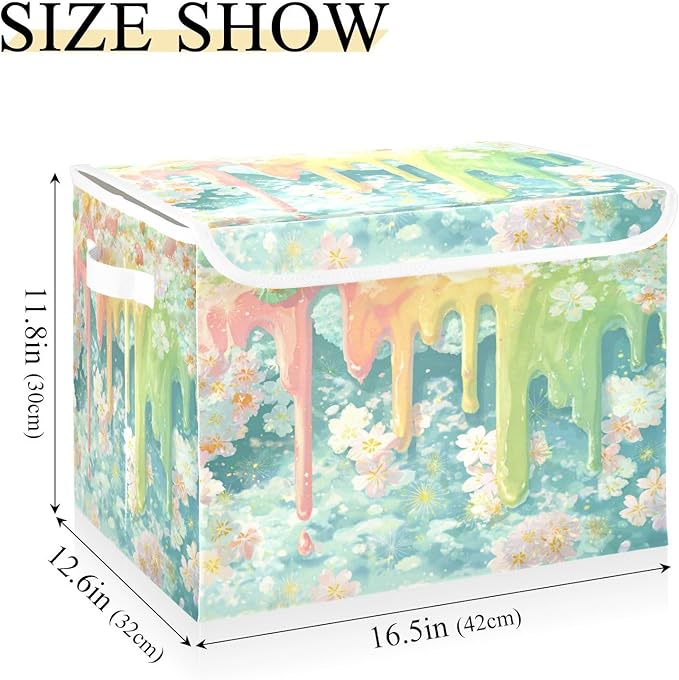 Storage Bins With Lid Stackable Fabric Closet Organizer Clothing Storage Large Boxes For Closet Shelves Bedroom Blue Flowers Meltingicecream Stars Soft