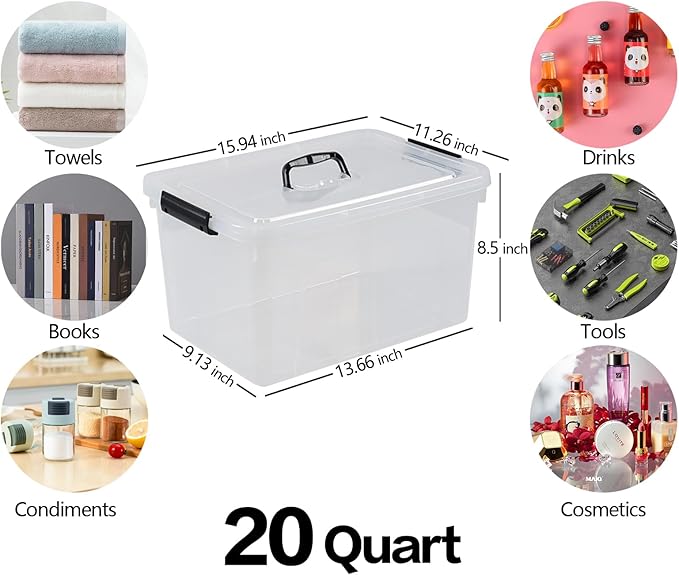 20 Quart Plastic Storage Tote with Lid Set of 4 Clear Latching Storage Bins