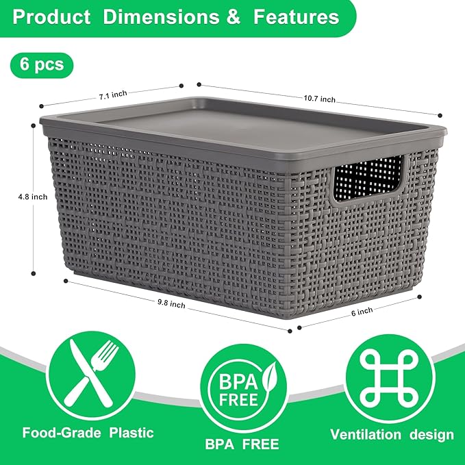 6 Pack Plastic Storage Baskets With LidsGrey Breathable Stackable Storage BinsSmall Storage Containersfor Organizing Storage Baskets on DesktopsClosetsPlayroomsClassroomsOffices