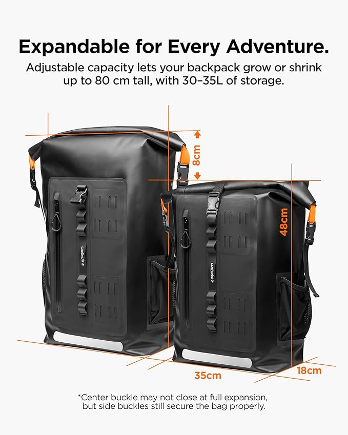 Spigen for Waterproof Backpack IPX6 35L Roll Top Travel Rucksack Fits up to 16 Inch Laptop Multi-Compartment Bag Ventilated Back Chest Strap Hiking Camping Swimming Canoeing Fishing