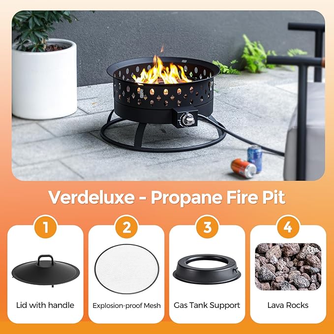 Verdeluxe 22 Inch Portable Propane Fire PitGas Fire Pit for Outside with Lid &amp Handle Smokeless Gas Firepit Bowl with Lava RocksOutdoor Propane Firepits for CampingPatioYardBonfire.(Black)