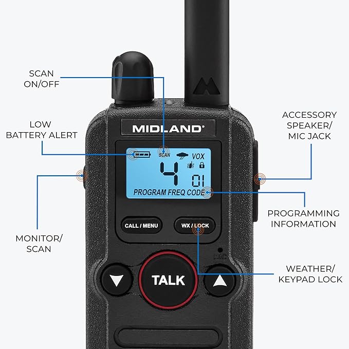 Midland BR180 BizTalk - UHF Business Two-Way Radio - 1W 56 Channels Headset Desktop Charger Rechargeable Battery - for Warehouse &amp Hospitality (1-Pack)