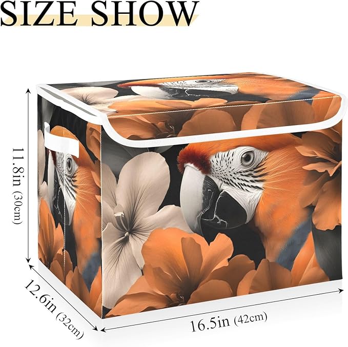 AIXIWAWA Lidded Storage Cube (Parrot Floral) Fabric Foldable Closet Bins with Flip Lid and Handles Organizer Basket Container 16.5 x 12.6 x 11.8 IN
