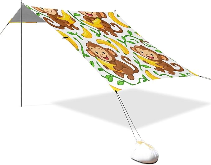Monkeys Beach Canopy Sun Shelter with Sandbags &amp Sand Shovel &amp Windproof Ropes - Portable 110x126 Beach Shade Beach Tent for Camping Picnics