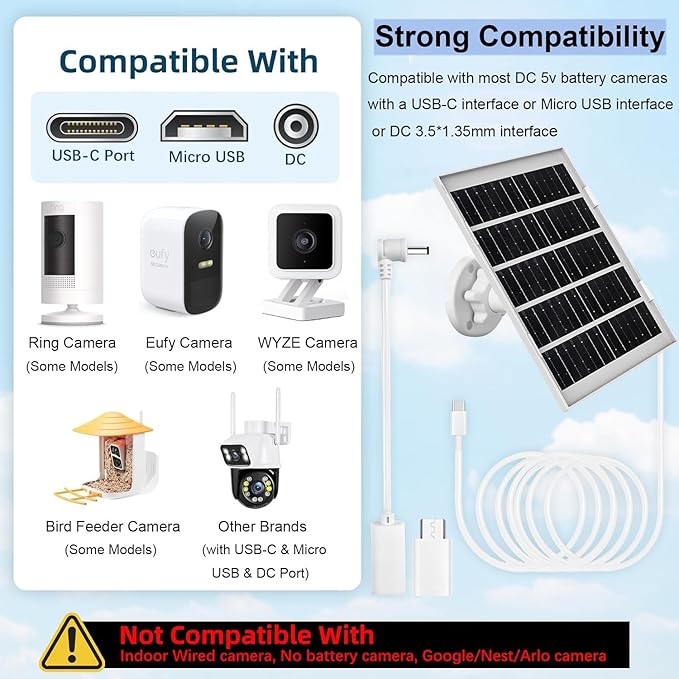 8W Solar Panel Charger for Outdoor Security Cameras with Micro USB/USB-C and DC (35 x 135) Port Fits Ring/Eufy/Wyze/Bird Feeder Camera 13ft Cable Fast Charging (2 Pack)