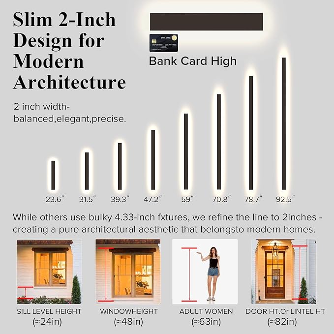 Modern Outdoor Wall Lights 79 Inch 3000K Linear Exterior Wall Light Wall Mount IP65 Waterproof Long Porch Wall Sconce Light for Front Door Garage (Black)