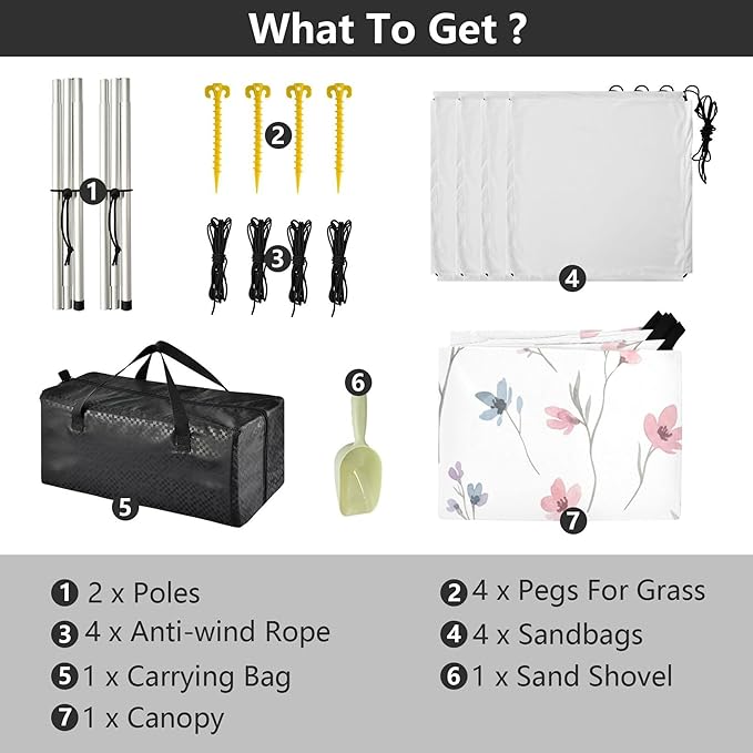 Wildflowers Beach Canopy Sun Shelter with Sandbags &amp Sand Shovel &amp Windproof Ropes - Portable 110x126 Beach Shade Beach Tent for Camping Picnics