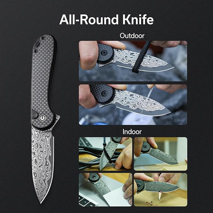 CIVIVI Elementum II Pocket Folding Knife 2.96 Damascus Blade Utility Knife with Deep Carry Pocket Clip for EDC C18062PB-DS1