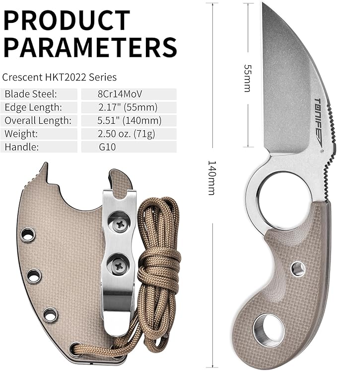 TONIFE Small Fixed Blade Knife Full Tang EDC Camping with Sheath Lanyard and Clip Blade Length 2.172.5 oz.with Sheath (Warm Sand - Stonewash)