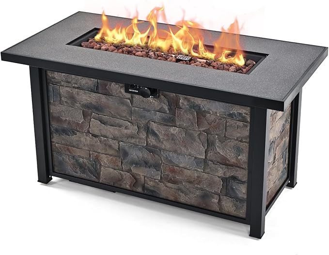 48 Fire Pit Table with Metal top &amp Stone Panel Propane Gas Firepit 5W BTU Fire Table for Outside Patio Backyard Deck Balconywith Metal LidLava Rocks &amp Rain Cover Rectangular