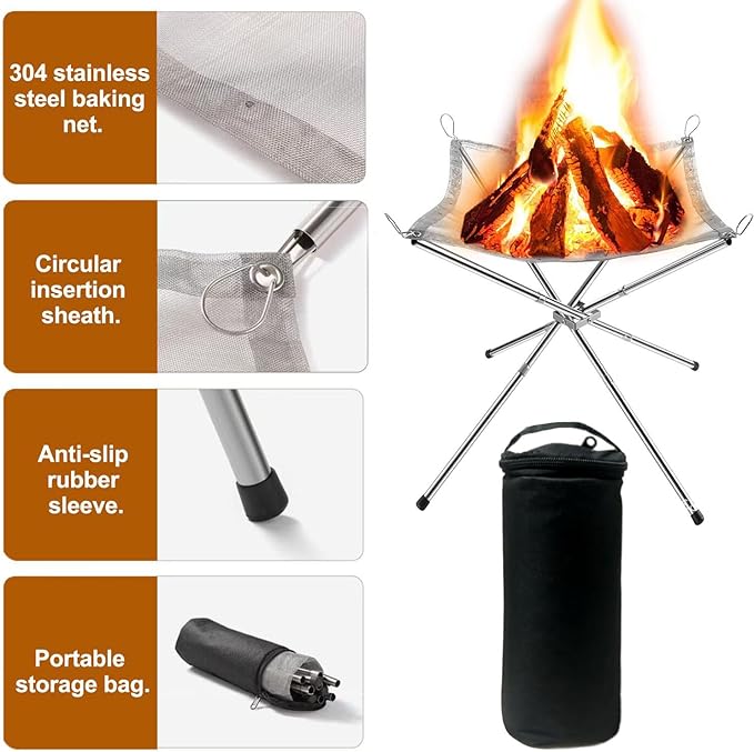 22 Inch Portable Outdoor Fire Pit with Carrying BagFoldable Stainless Steel Mesh Fireplace Wood Burning Collapsible Fireplace for Camping Outdoor Hiking BBQ Picnic