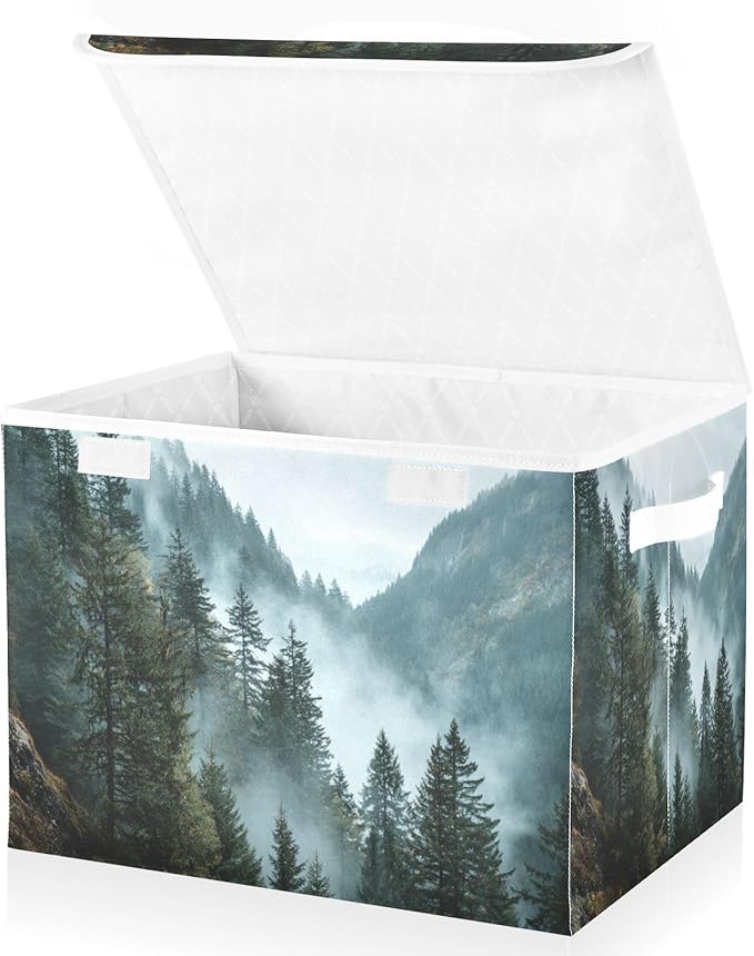 Collapsible Storage Bins with Lids Decorative Fabric Storage Cubes Closet Organizer and Storage Basket Boxes Containers for Clothes Box Chest Nursery Folding Rectangle Vivid Foggy Mountains