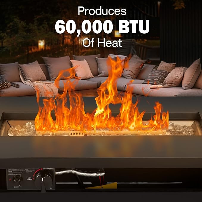 Hykolity 42 Inch Gas Fire Pit Table 60000 BTU Propane Pits for Outside with Steel Lid and Waterproof Cover 2 in 1 Firepit Table Gatherings Parties on Patio Deck Garden Backyard Black