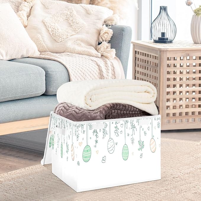 Christmas Storage Baskets with Lids Easter Background Collapsible Bins Stackable Fabric Linen Baskets Closet Organizer Container 16.5x12.6x11.8