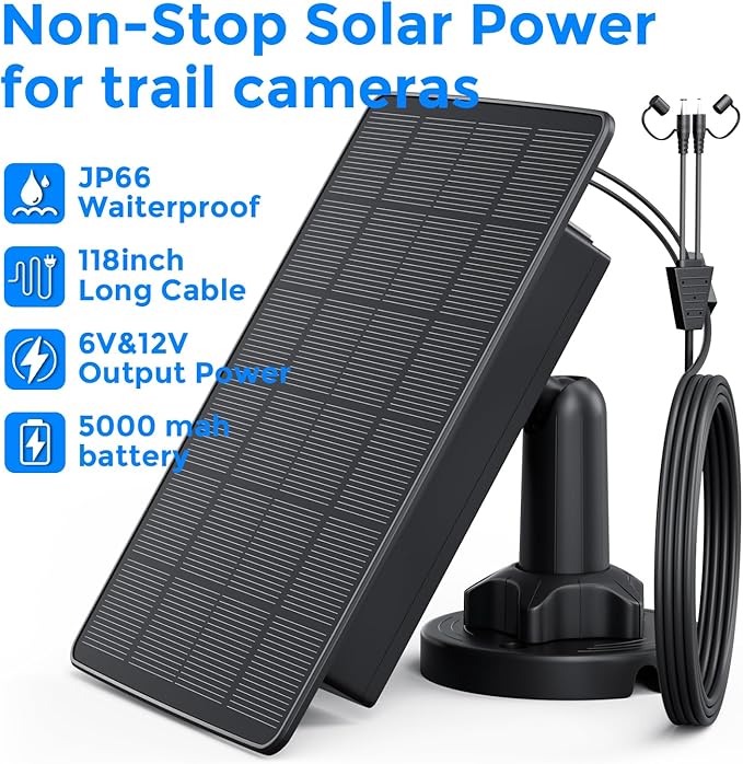Solar Panel for Trail Cameras 5000mAh Solar Battery Charger Kit with 12V 1A &amp 6V 1.5A Dual Output Built-in Lithium Battery | IP65 Waterproof Compatible with Bushnell Stealth Cam Wildgame