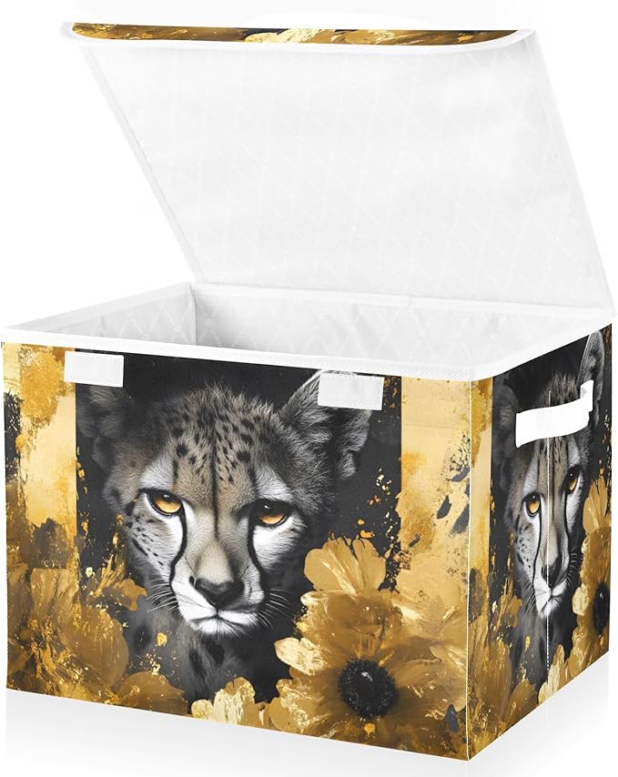 AIXIWAWA Lidded Storage Cube (Cheetah Gold Flower) Fabric Foldable Closet Bins with Flip Lid and Handles Organizer Basket Container 16.5 x 12.6 x 11.8 IN