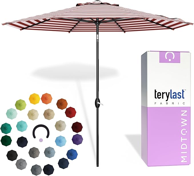 MIDTOWN UMBRELLAS The Lean 8 Feet Outdoor Umbrella With Terylast Red Stripes (Red/White Stripes) Polyester Fabric - 8 Ribs Aluminum Frame Patio Umbrella With Zinc Alloy Crank Lift And Auto-Tilt System