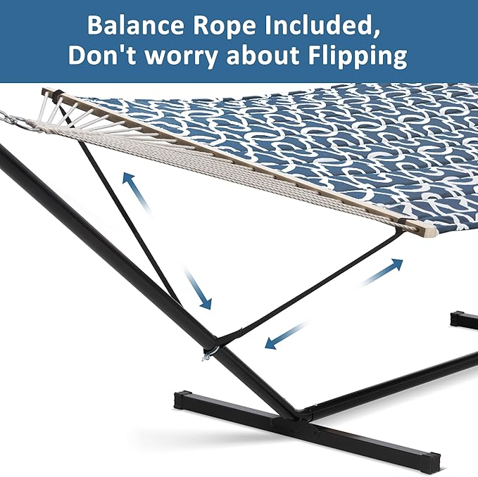 SUNCREAT Two Person Hammock with Stand 475 lbs Capacity Portable Patio Hammock with Hardwood Spreader Bar Large Soft Pillow Blue Pattern