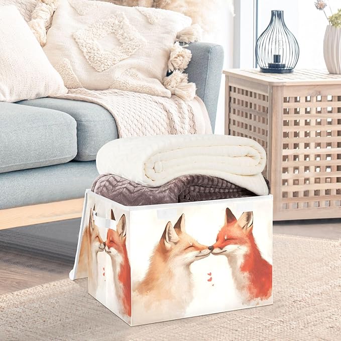 AIXIWAWA Lidded Storage Cube (Love Foxes) Fabric Foldable Closet Bins with Flip Lid and Handles Organizer Basket Container 16.5 x 12.6 x 11.8 IN