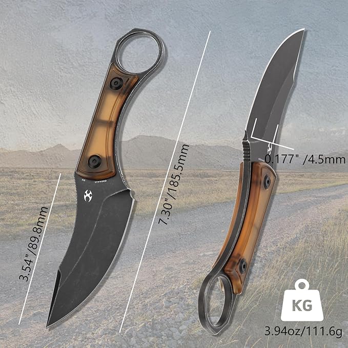 KANSEPT Niko Fixed Blade Knife 3.54'' Blackwash D2 Sharp Blade with Yellow PEI Fine Texture Handle Adjustable Kydex Sheath for Edc Hunting Survival Camping G004A11