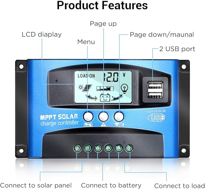 MPPT Solar Charge Controller 30A 12V/24V Auto Solar Panel Intelligent Regulator with Dual USB Port LCD Display for Lead Acid Batteries