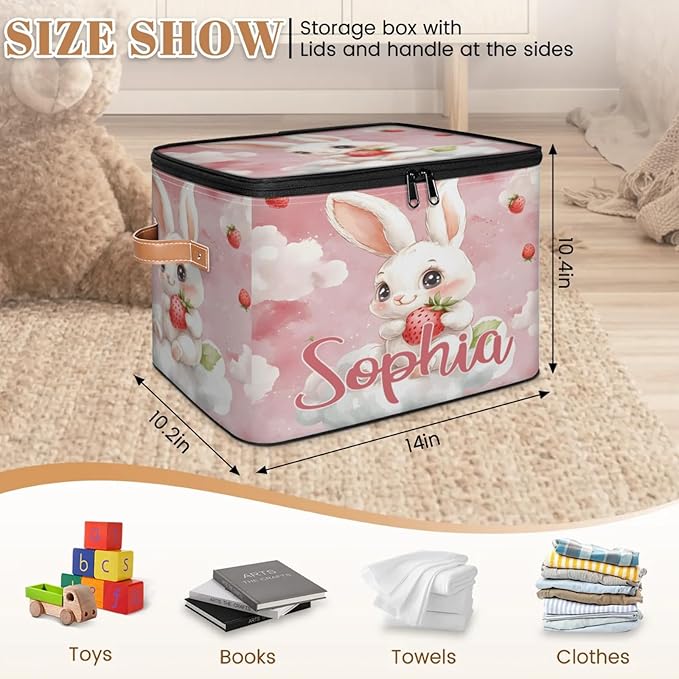 Custom Storage Basket with Name Personalized Storage Bins with Zipper Lid Foldable Fabric Storage Box Large capacity with Handle Clouds Rabbit Strawberry