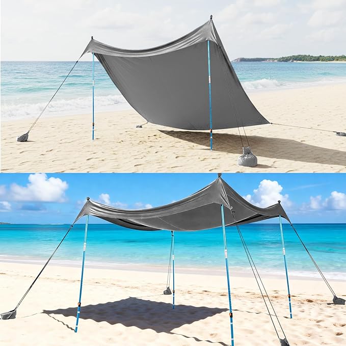 CROWN SHADES 10x10 Beach Tent Sun Shelter Easy Pop Up Beach Canopy Shade Portable Outdoor Carpas UPF50+ Includes 4 Poles Adjustable Aluminium Extra-Large Big Sand Shovel Grey
