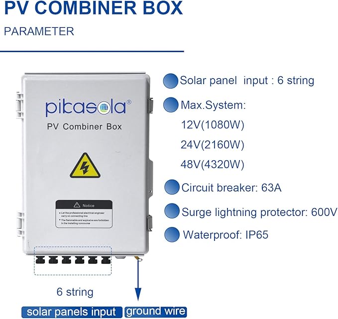 Pikasola PV Combiner Box 6 String Solar Combiner Box with 15A LED Fuse Lightning Arreste and 63A Air Circuit BreakerCombiner Box for Solar Panel On/Off Grid System IP65 Water Resistant