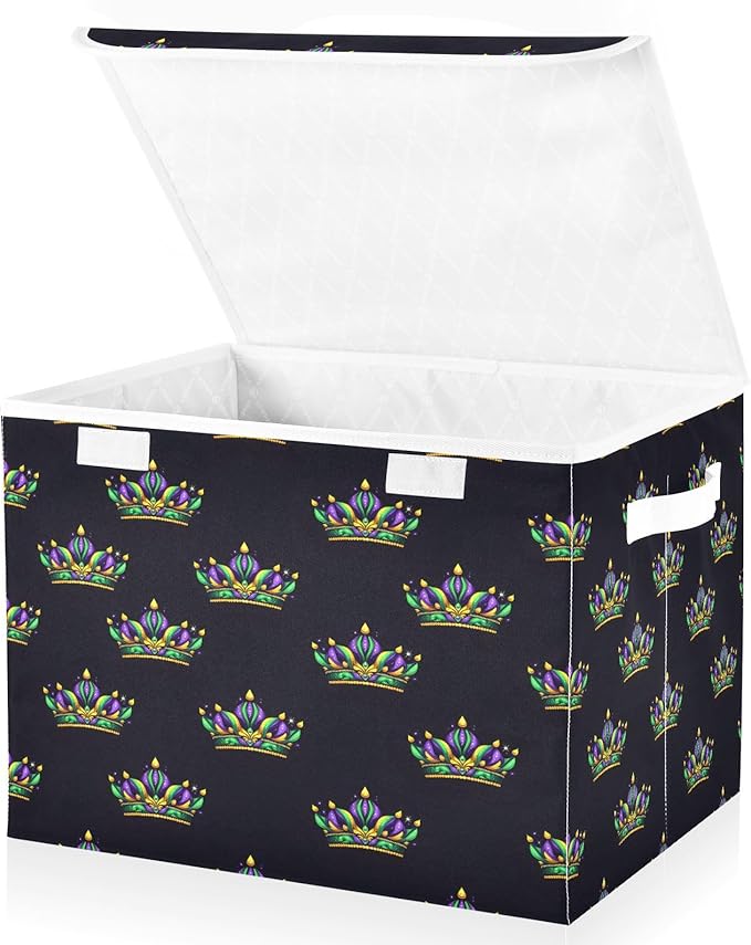 MNSRUU Containers Baskets with Lids Mardi Gras Crown Pattern Fabric Foldable Storage Bins Organizer with Lid Collapsible Storage Boxes for Home Bedroom Closet Office