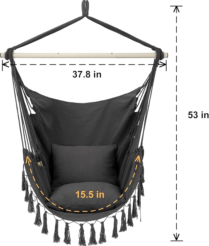 Y- STOP Hammock Chair Hanging Rope Swing Max 500 Lbs 2 Cushions Included Large Macrame Hanging Chair with Pocket Cotton Weave for Superior Comfort Durability (Dark Grey)