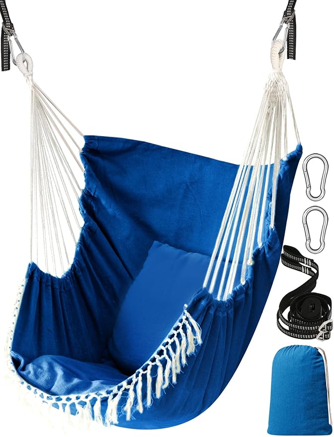 Chihee Hammock Chair Hanging Swing 2 Pillows IncludedStrong Webbing Straps and Hooks for Easy Hanging Soft Cotton Hanging Chair Side Pocket Tassel Chair Comfort Indoor Outdoor Royal Blue