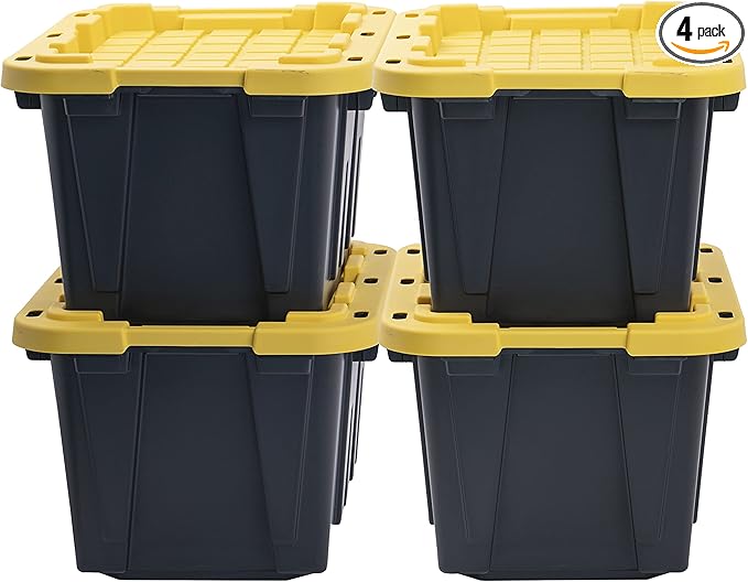 CX BLACK &amp YELLOW 12-Gallon Heavy Duty Storage Bins with Lids Stackable Plastic Storage Bins with Weather-Resistant Design Home Organization 4 Pack (12.51H x 16.3W x 21.8D)