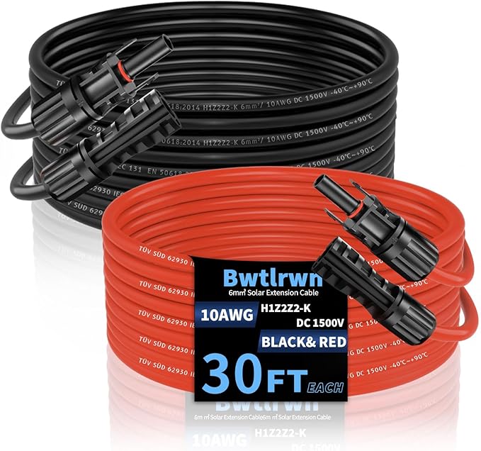 2x30 FT Solar Panel Extension Cable 10AWG Solar Cable Solar Panel Wire with Female &amp Male Waterproof Connectors for RV Photovoltaic Systems
