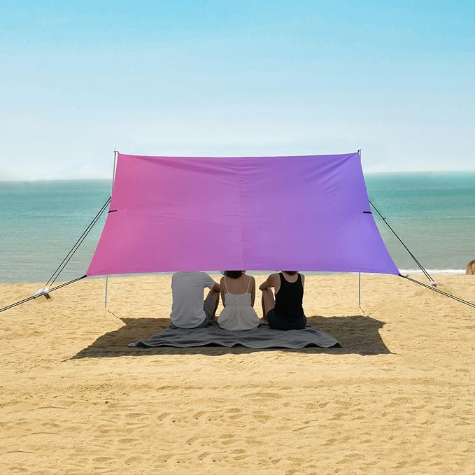Red Blue Gradient Beach Tent UPF50+ Protection Water-Resistant Shade Sun Shelter Includes Sand Shovel Sandbags Stability Poles for Camping Trips Fishing Backyard Fun or Picnics