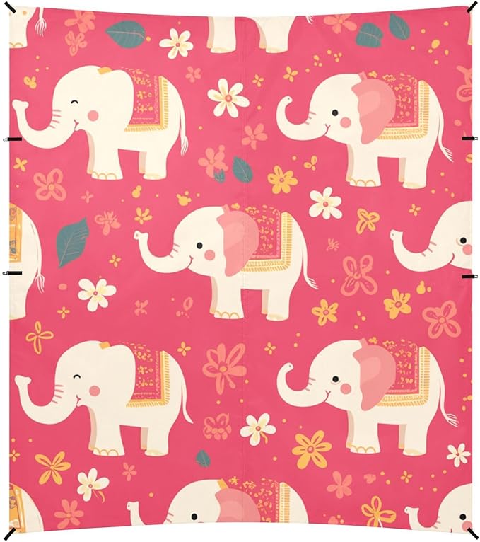 Cartoon Cute Elephants Pink Foldable Beach Canopy UPF50+ Protection Easy Setup Large Portable Sun Shelter with Sandbags &amp Sand Shovel for Family Trips Picnics &amp Camping